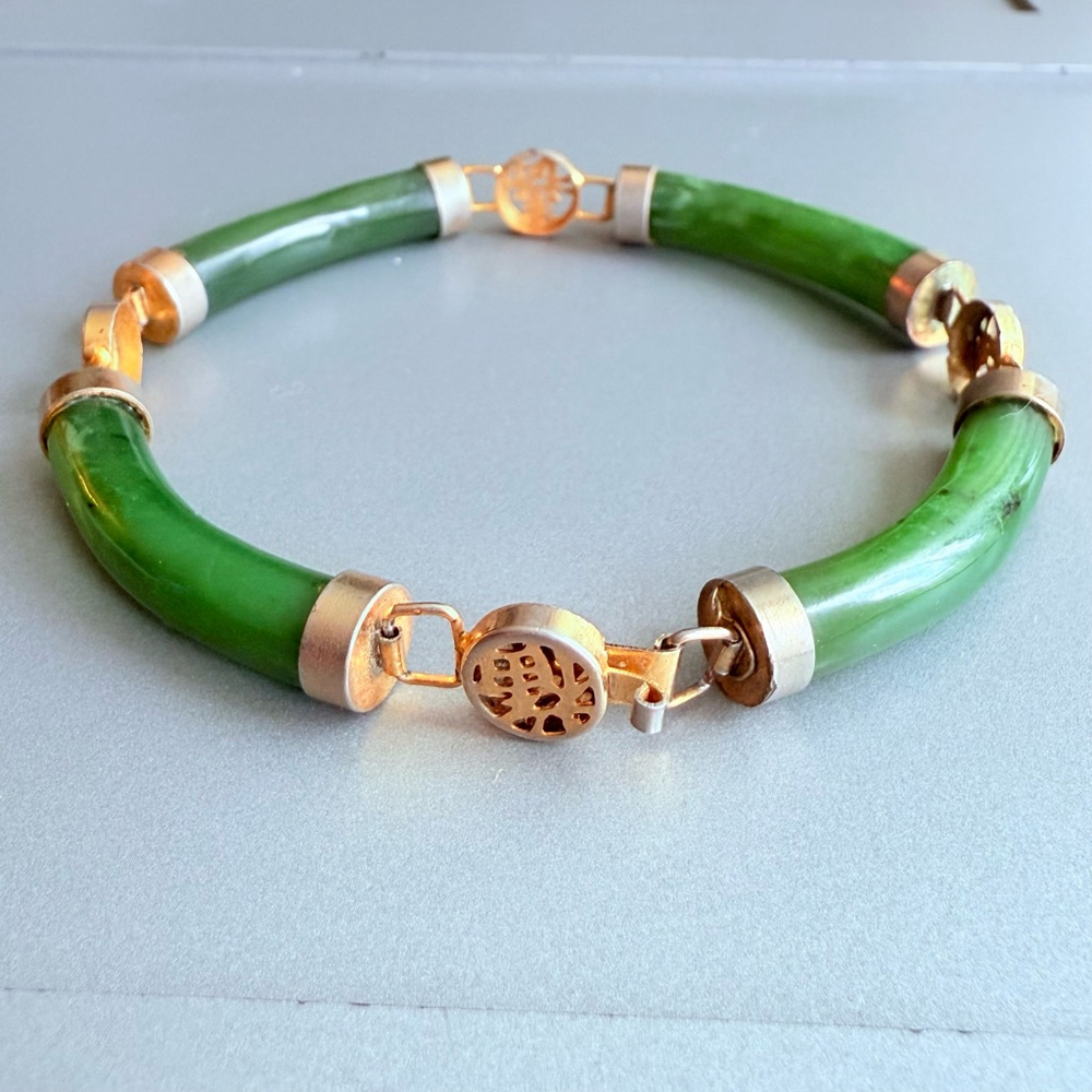 4 Lucky Wishes Natural Green Jade Nephrite Gold Tone Link Vintage Bracelet - Picture 8 of 9